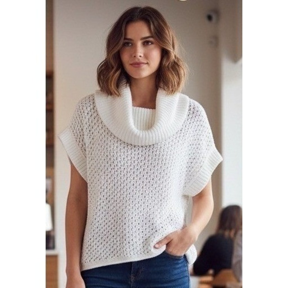 Andrea Jovine Workshop Sweater Top Women's M White Crochet Knit Cowl Neck Beach